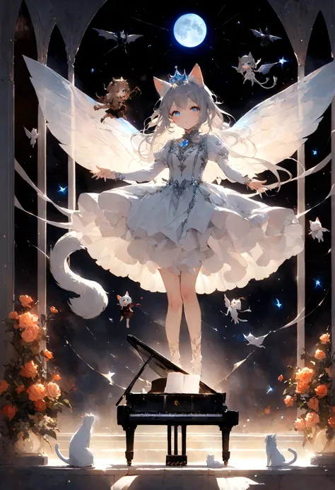 White Uniform、cute、、Young Girl、１２age、Flying、Your eyes are bright and beautiful、whole body、Gray Hair、White cat ears、Cat&#39;s Tail、Beautiful blue eyes、White Crown、白いgem、piano、White Vampire Wings、Rin々Funny face、beautiful、Black Moon、Lots of blue light、univers...