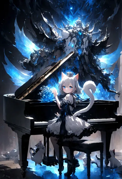 White Uniform、cute、、Young Girl、１２age、Flying、Your eyes are bright and beautiful、whole body、Gray Hair、White cat ears、Cat&#39;s Tail、Beautiful blue eyes、White Crown、白いgem、piano、White Vampire Wings、Rin々Funny face、beautiful、Black Moon、Lots of blue light、univers...