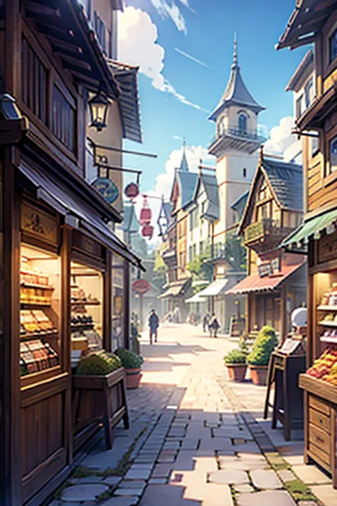 Anime fantasy town square inside a small store backgrounds 