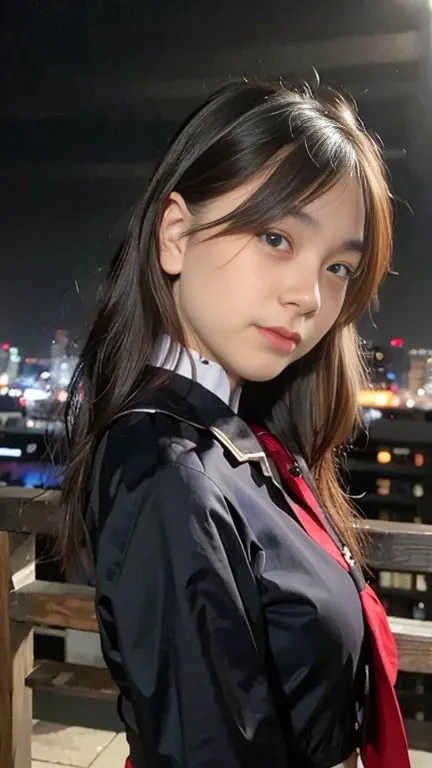 best quality, ultra high res, (photorealistic:1.4), 1girl, the girl wearing black sailor uniform, visual kei hair, gothic, night, city scape background, city light, cinematic lighting, 80s filter, zoom to face, detailed face , looking at viewer, front view...