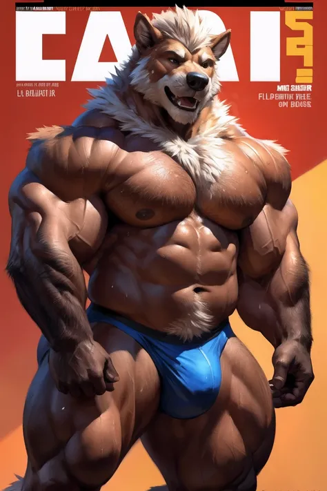 (magazine cover:1.5),arcanine, 4k, high resolution, best quality, masterpiece, posted on e621, solo, anthro body, older male, male, adult, very masculine, (very muscular, well defined muscles, muscular legs, muscular arms, lats, biceps, strong chest, sixpa...