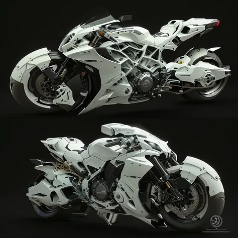 There are two views of the bike, one in white and one in black, Highly realistic concept art, White biomechanical details, White biomechanical details, Ultra-realistic concept art, Alexandre Ferrat White Rock, Futuristic bikes, Motorcycle Concept Art, Surr...