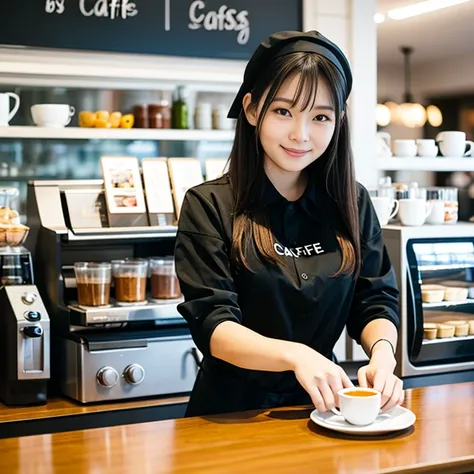 Cafe attendant&#39;s sister　Maid style Wearing a uniform　apron　Light Green　18-year-old Biji member　Bust Emphasis　high resolution、Idol