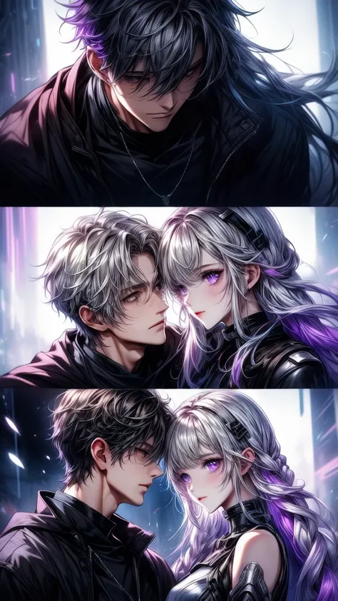 Disorganized、Man and woman couple、highest quality、Masterpiece、Official Art、16K、The best composition、The best light source、The girl has milky white hair with purple inner color, twin long braids, and black clothes in a cyberpunk style.、The man has milky whi...