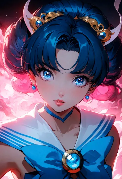 1girl, sailor mercury, bishoujo senshi sailor moon, extremely detailed face, beautiful eyes, long eyelashes, detailed lips, detailed hair, anime style, magical girl, meatball hairstyle, , sailor collar, detailed bow, fluorescent lighting, vivid colors, glo...