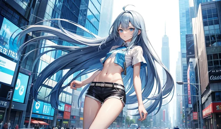 Blue long hair boy，flat chest，Extremely slim figure，White short-sleeved shirt，Bare waist，shorts，Thin legs，City