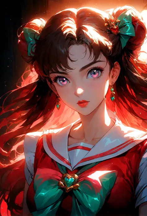 1girl, sailor mars, bishoujo senshi sailor moon, extremely detailed face, beautiful eyes, long eyelashes, detailed lips, detailed hair, anime style, magical girl, meatball hairstyle, , sailor collar, detailed bow, fluorescent lighting, vivid colors, glowin...