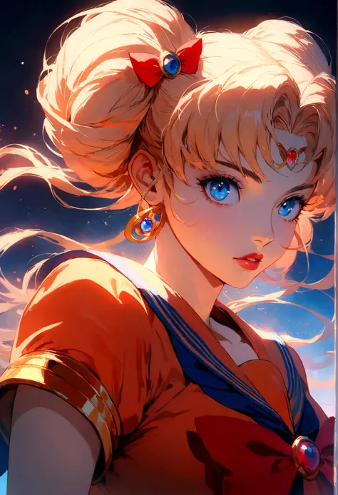 1girl, sailor venus, bishoujo senshi sailor moon, extremely detailed face, beautiful eyes, long eyelashes, detailed lips, detailed hair, anime style, magical girl, meatball hairstyle, , sailor collar, detailed bow, fluorescent lighting, vivid colors, glowi...