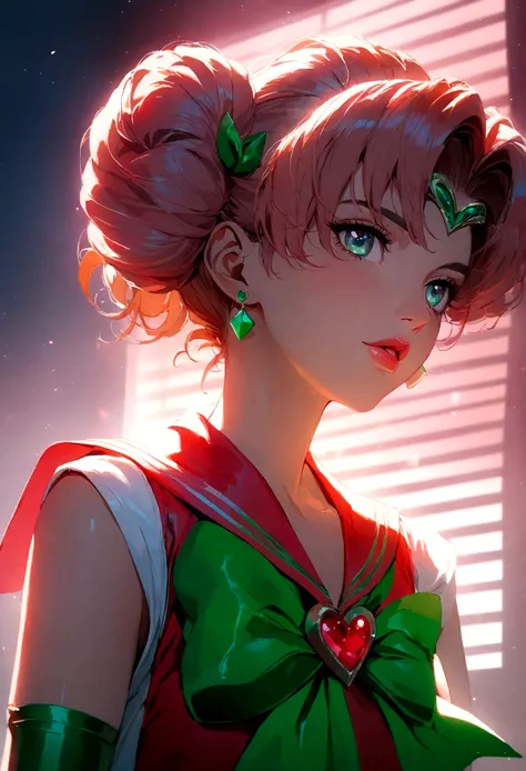 1girl, sailor Jupiter, bishoujo senshi sailor moon, extremely detailed face, beautiful eyes, long eyelashes, detailed lips, detailed hair, anime style, magical girl, meatball hairstyle, , sailor collar, detailed bow, fluorescent lighting, vivid colors, glo...