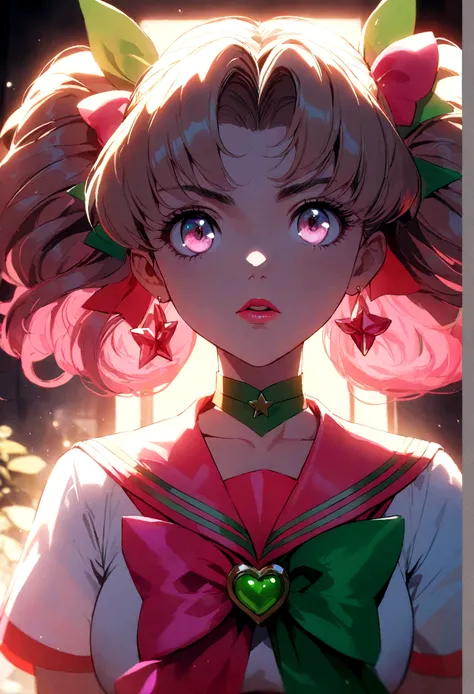 1girl, sailor Jupiter, bishoujo senshi sailor moon, extremely detailed face, beautiful eyes, long eyelashes, detailed lips, detailed hair, anime style, magical girl, meatball hairstyle, , sailor collar, detailed bow, fluorescent lighting, vivid colors, glo...