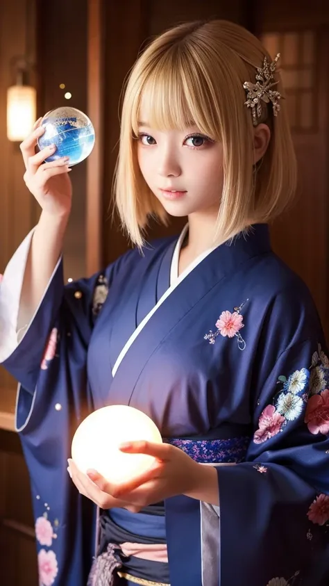 god､girl､kimono､Bob Hair､Blonde､Space､Second dimension beautiful girl､Holding a crystal ball