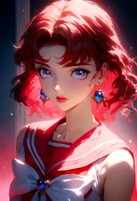 1girl, sailor mars, bishoujo senshi sailor moon, extremely detailed face, beautiful eyes, long eyelashes, detailed lips, detailed hair, anime style, magical girl, sailor collar, detailed bow, fluorescent lighting, vivid colors, glowing effect, fantasy, sof...