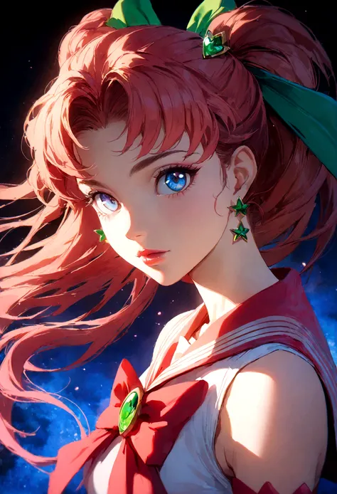 1girl, sailor Jupiter, bishoujo senshi sailor moon, extremely detailed face, beautiful eyes, long eyelashes, detailed lips, detailed hair, anime style, magical girl, sailor collar, detailed bow, fluorescent lighting, vivid colors, glowing effect, fantasy, ...