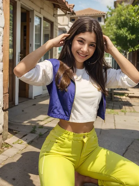  a 22 year old girl.
yellow jacket, yellow pants, smile, barefoot,