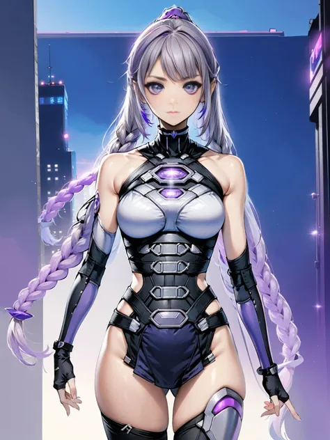 highest quality、Masterpiece、Official Art、Super detailed、super beautiful、16K、Purple light source、Man and woman couple（Boys have gray hair｜Blue Cyberpunk