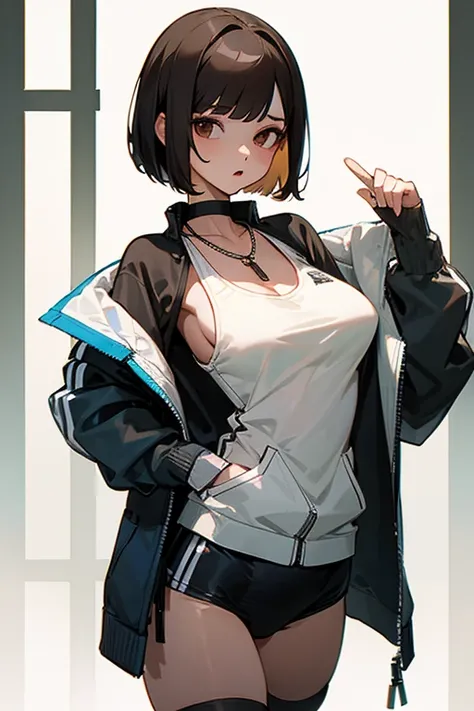 Brown short bob、School swimsuit with white line design、Wearing a tracksuit jacket、Black Stockings、necklace、tits、slender、