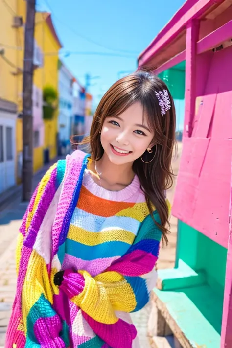 Colorful background,Smiling girl,Colorful clothes,Ｖsign,Wink