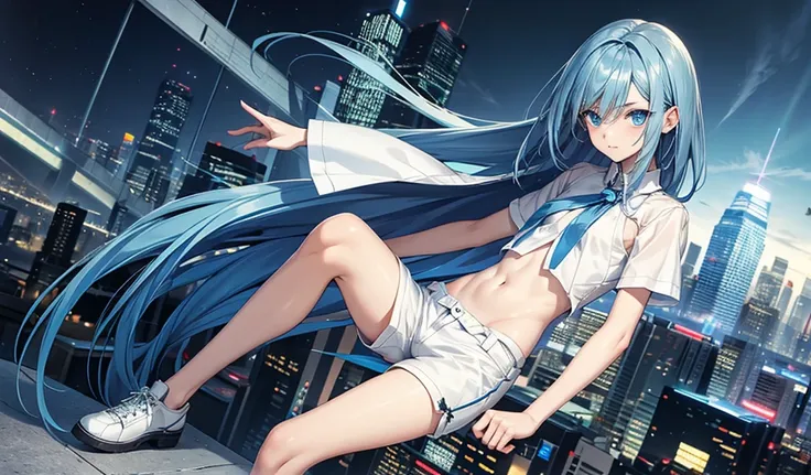 Blue long hair boy，flat chest，Extremely slim figure，White short-sleeved shirt，Bare waist，shorts，Thin legs，City