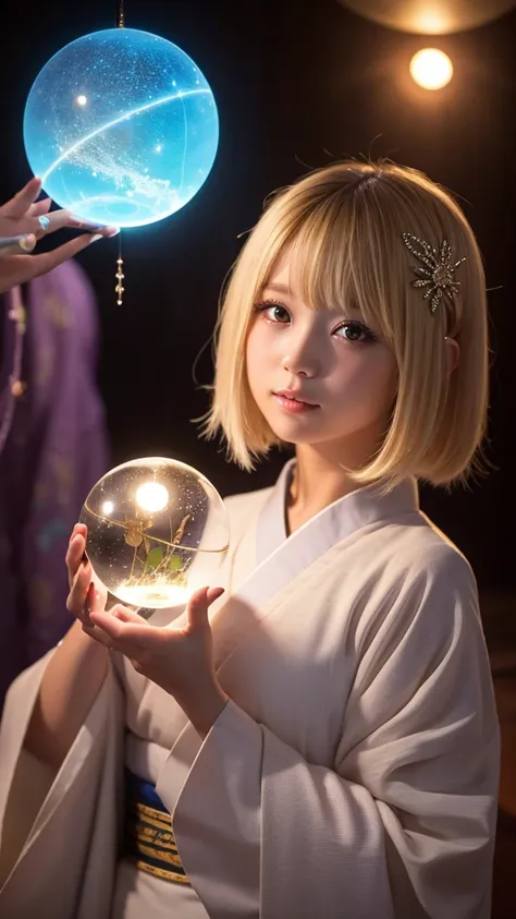 god､girl､kimono､Bob Hair､Blonde､Space､Second dimension beautiful girl､Holding a crystal ball､god秘的