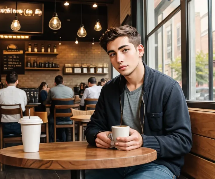 young man sitting at coffee shop table