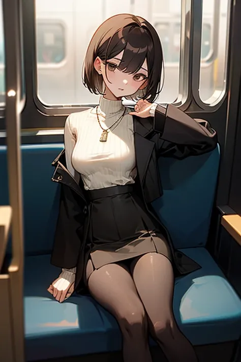 Brown short bob、White sweater、wearing a black jacket、Flared sleeves、Tight Skirt、Black Stockings、necklace、sitting in a train seat、tits、slender、