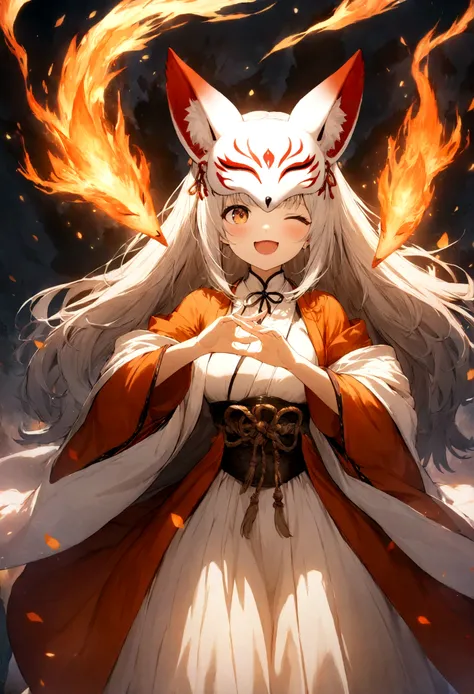 1 Girl,One,, official art, unity 8k wallpaper, ultra detailed, Beautiful and aesthetic, Beautiful, masterpiece, Best quality,, Kitsune witch, Fox Mask, haori jacket, Foxfire Spell, Fox familiar, transformation,