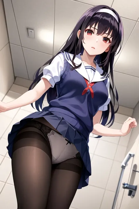 masterpiece, best quality, highres, aautaha, long hair, black hair, hairband, show panties, lift skirt:1.3, view from below:1.5, sailor collar, sweater vest, blue sweater, white shirt, short sleeves, pleated skirt, blue skirt, (black pantyhose:1.2), bathro...