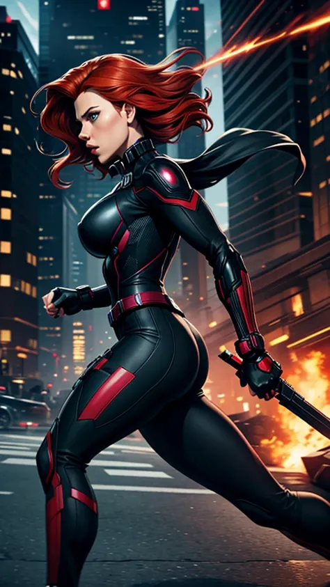 Scarlett Johansson, portraying Black Widow, is seen running with determination. Her signature red hair flows behind her, and she wears her sleek, tactical black suit adorned with various gadgets and weapons. The scene captures her mid-stride from behind, h...