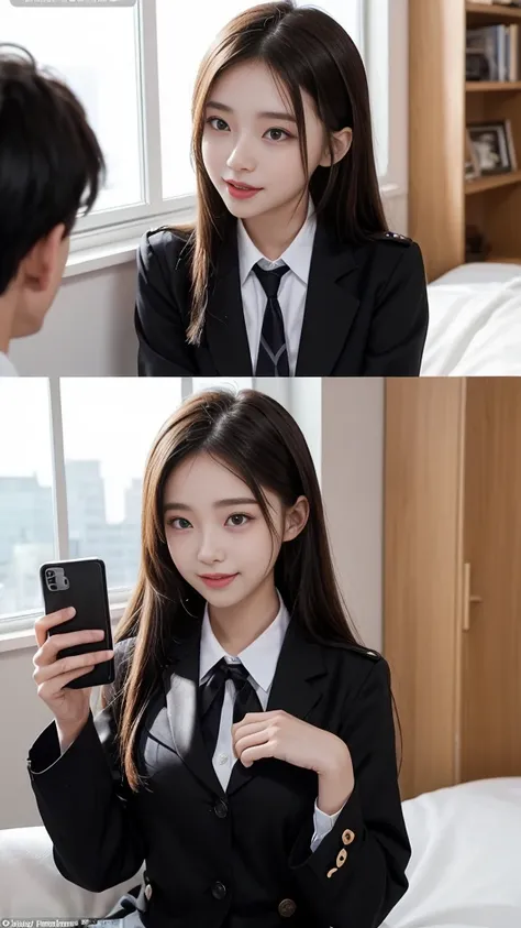  (high quality), (NSFW:1.2), Split screen vertically, 1 girl and 1 man are dating online by exchanging own photos and messages using a smartphone chatting app, 18 years old, korean, long distance relationship, The text is written in English., they weared k...