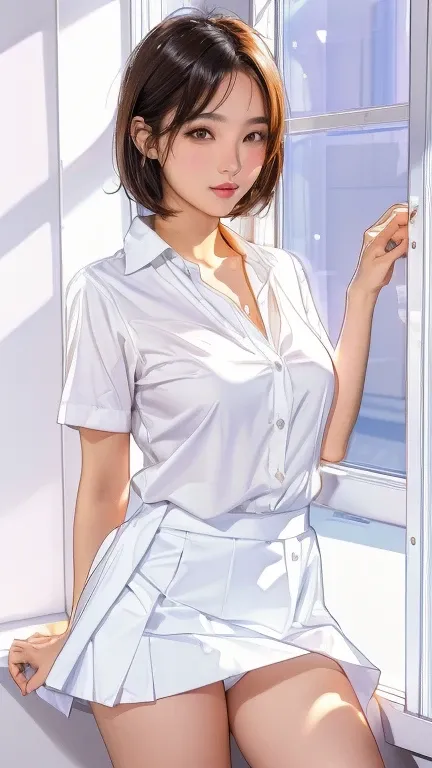 Arafed Asian woman in a skirt posing by a window, Wearing a white shirt, Wearing a blouse, Wear a shirt, Quality white shirt, Wearing a white shirt, wearing a white blouse, Wearing a white shirt, Office Clothes, Wearing a light shirt, Wearing a white butto...