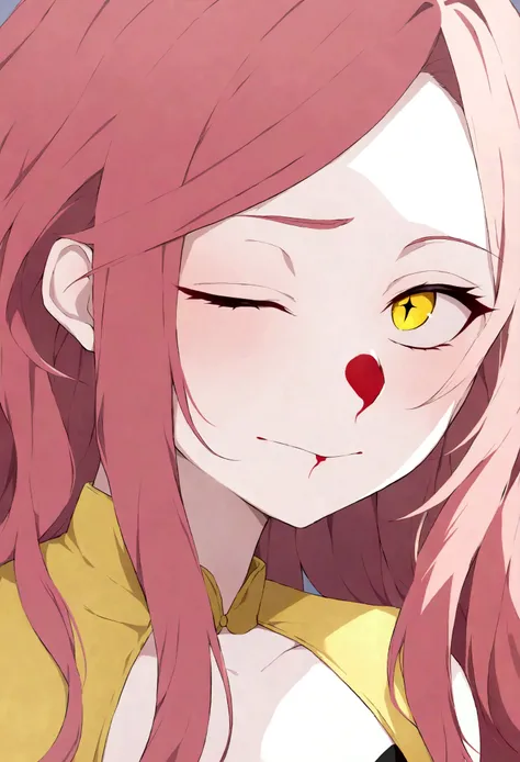 femme , clown , bouche charmante et malicieux , large sourire , a dark gouged out eye , un oeil jaune et rouge , drugged , nez rouge , long tousled hair , anime. Face detail , 4k