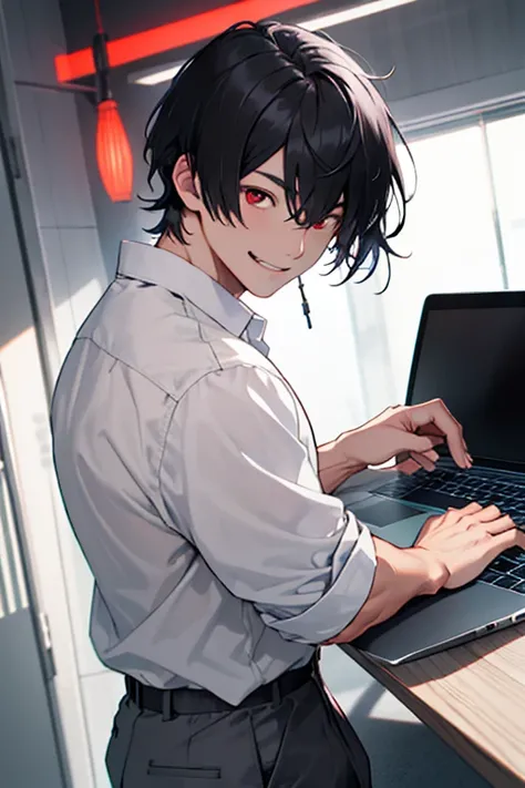 male　Black Hair　Short Hair　Long bangs　Hanging eyes　Red Eyes　Eyes are hidden by bangs　意志がweakい　weak々Shii　Bad look in the eyes　smile　White shirt　Gray pants　I have a laptop　