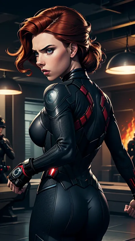 Scarlett Johansson, as Black Widow, dashes forward with purpose. The camera captures her from behind, showcasing the intricate details of her black tactical suit, which fits her form perfectly and is equipped with various gear. Her auburn hair streams behi...