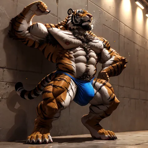 Muscular Tiger、Very huge muscles、Upward Facing Tiger、Shaggy body hair、Extremely large bulging crotch underwear、Male genitalia outline、Lots of pubic hair、Very long armpit hair、Thick chest hair、Composition looking up from diagonally below、Barking tiger、Concr...