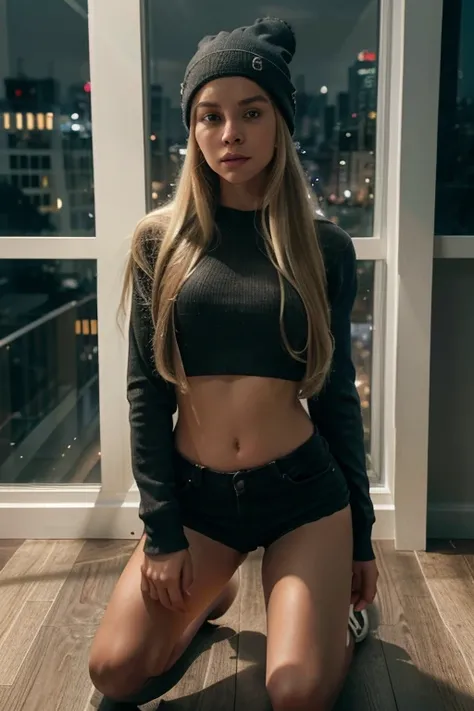  HDR photo of woman with long blonde hair wearing a beanie, long sleeve crop top, shorts, kneels on a highly polished reflective hardwood floor in front of a large picture window overlooking a beautiful city skyline at night, (minimal lighting:1.2) , dark,...