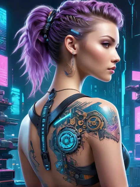 a close-up view of a detailed cyberpunk-themed back tattoo，tattoo located in the center of the back，starts from the upper trapez...