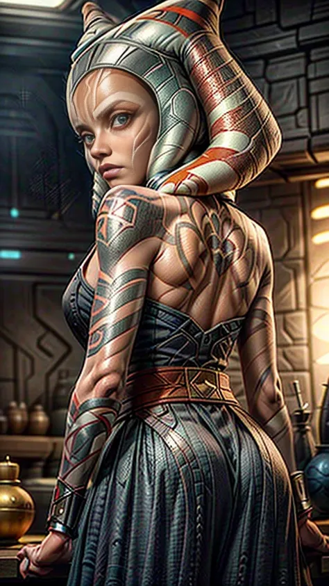 8k, best quality, masterpiece, ultra high resolution,(ultra-detailed face, eyes wide open:1.3), (ahsoka tano: 1.1), (looking bac...