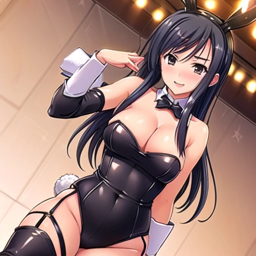 3woman, 20-year-old,,party venue, night, (((Bunny girl))), open mouth smile ((leather thigh high boots)) (garter belt), ((black hair)), blush, surprised face,Drunk