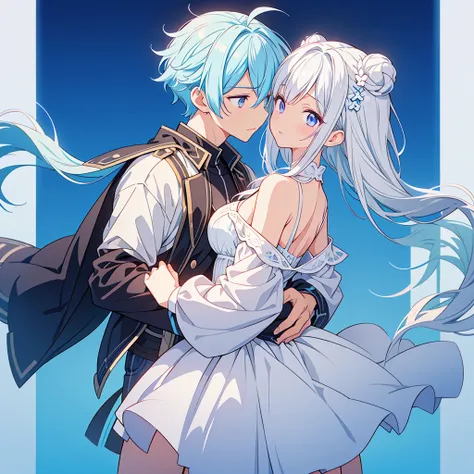 male and female couple、the boy has short hair that is a gradient of white and blue.、couple hugging and kissing、masterpiece,a bit...