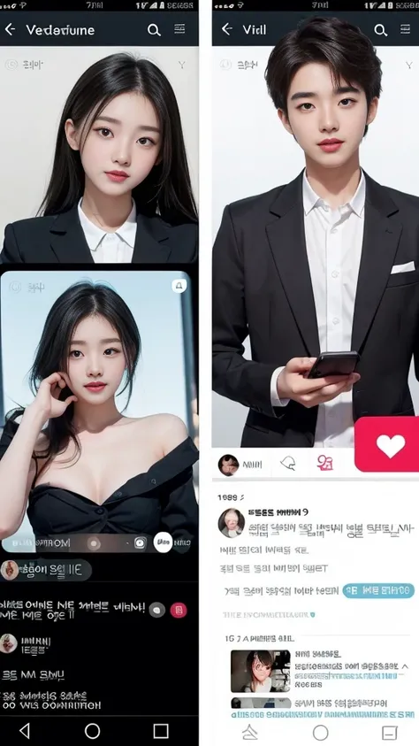  (high quality), (NSFW:1.2), Split screen vertically, 1 girl and 1 man are dating online by exchanging own photos and messages using a smartphone chatting app, 18 years old, korean, long distance relationship, The text is written in English., they weared k...