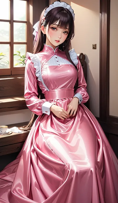 (masterpiece,highest quality,超A high resolution),Japanese women, (((Very beautiful 25 year old girl))), pretty girl、The dress completely covers the whole body.、(Shiny pink long sleeve maid dress)、High-necked shirt、Long skirt