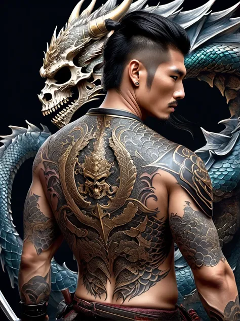 an intricate tattoo pattern spreads across the entire back，center of pattern，a fierce warrior wearing traditional armor，gripping...