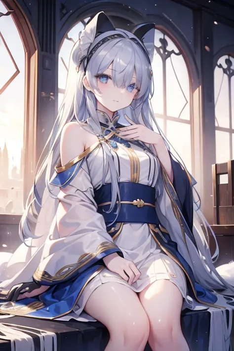 fgoanastasia, anastasia, blue eyes, grey hair, hair between eyes, (hair over one eye:1.5), long hair, bangs, smile 
BREAK blue cloak, brown hairband, cloak, dress, fur trim, hairband, royal robe, sash, tachi-e, white dress, wide sleeves,
BREAK looking at v...