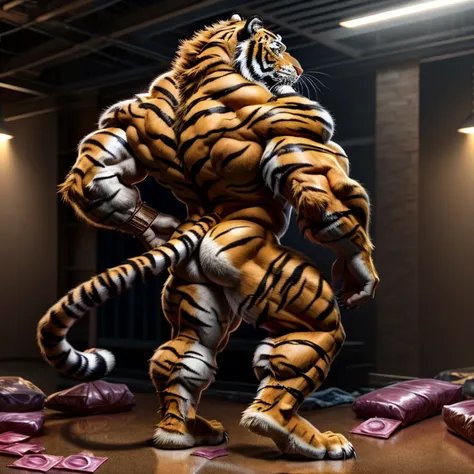 Male tiger、Shaggy fur、Ruined Background、Sharp claws on the toes、developed back muscles、Backwards pose、Very developed butt muscles、Full body tiger fur、Completely naked、Unusually large muscles、condom、Long body hair、Very long and profuse armpit hair、Thick tig...