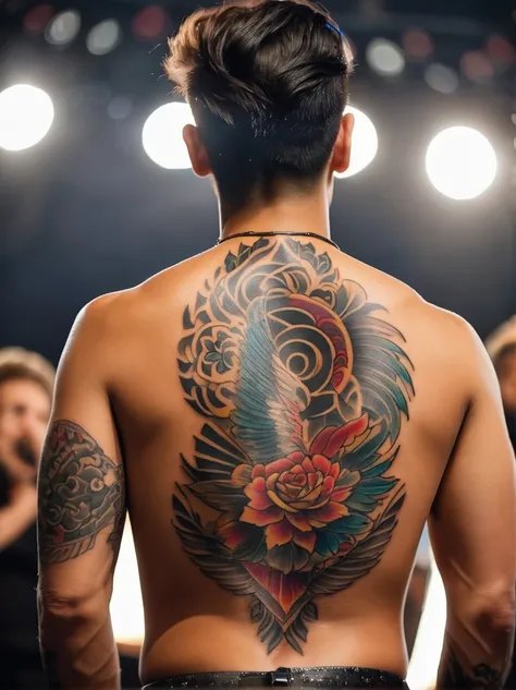 View from behind，Turn your back to the audience，(Close-up of back tattoos:1.3)，A man&#39;s back，Stretch your arms out to the side，(His whole neck，Raven feather tattoo on the back of the neck and shoulders，Back tattoo transitions to wings)，Between the wings...