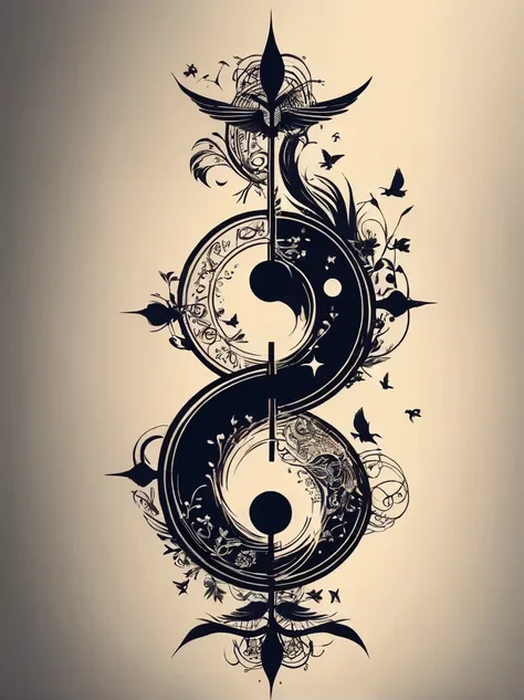 a simple back tattoo design for men，view from behind，the tattoo across the back incorporates the concept of yin and yang，biology...