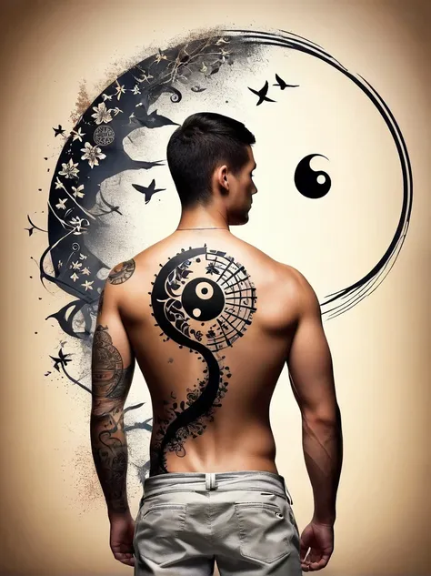 a simple back tattoo design for men，view from behind，the tattoo across the back incorporates the concept of yin and yang，biology...