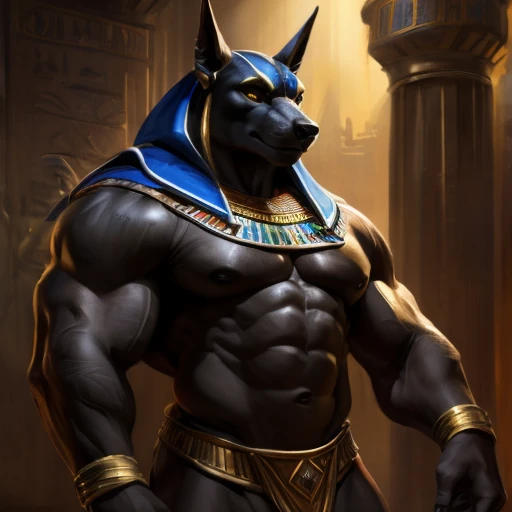 Chacal Anubita, (((corpo negro))), anubis, olhos brilhantes, mamilos, corpo musculoso sem gordura, mostrando pecs, foco peitoral, chifres, serious face, grande corpo de fisiculturista, muscular macho, muscular, detailed muscles, pele detalhada, pele brilha...