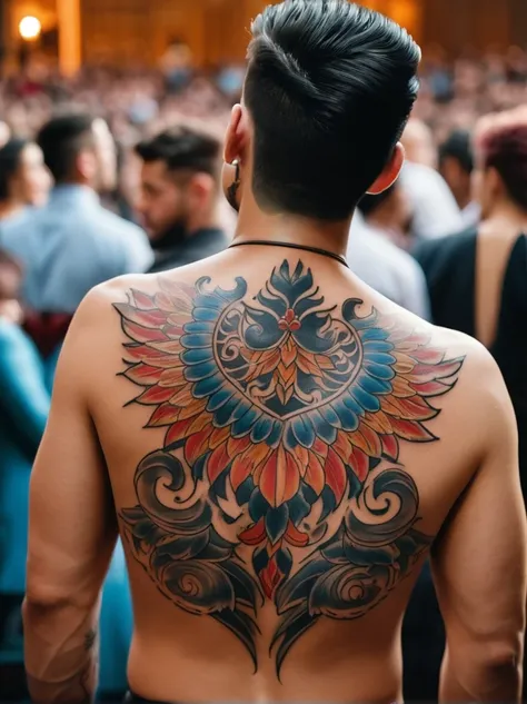 view from behind，turn your back to the audience，(close-up of back tattoos:1.3)，a man&#39;s back，this is a detailed picture of a ...