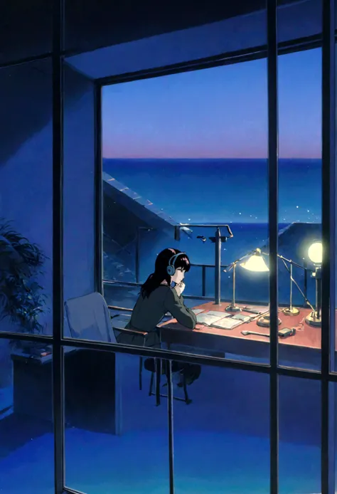 studying at my desk while listening to lo-fi music,1 girl,i have headphones on,out of the window, i can see the sea at dusk,ghib...